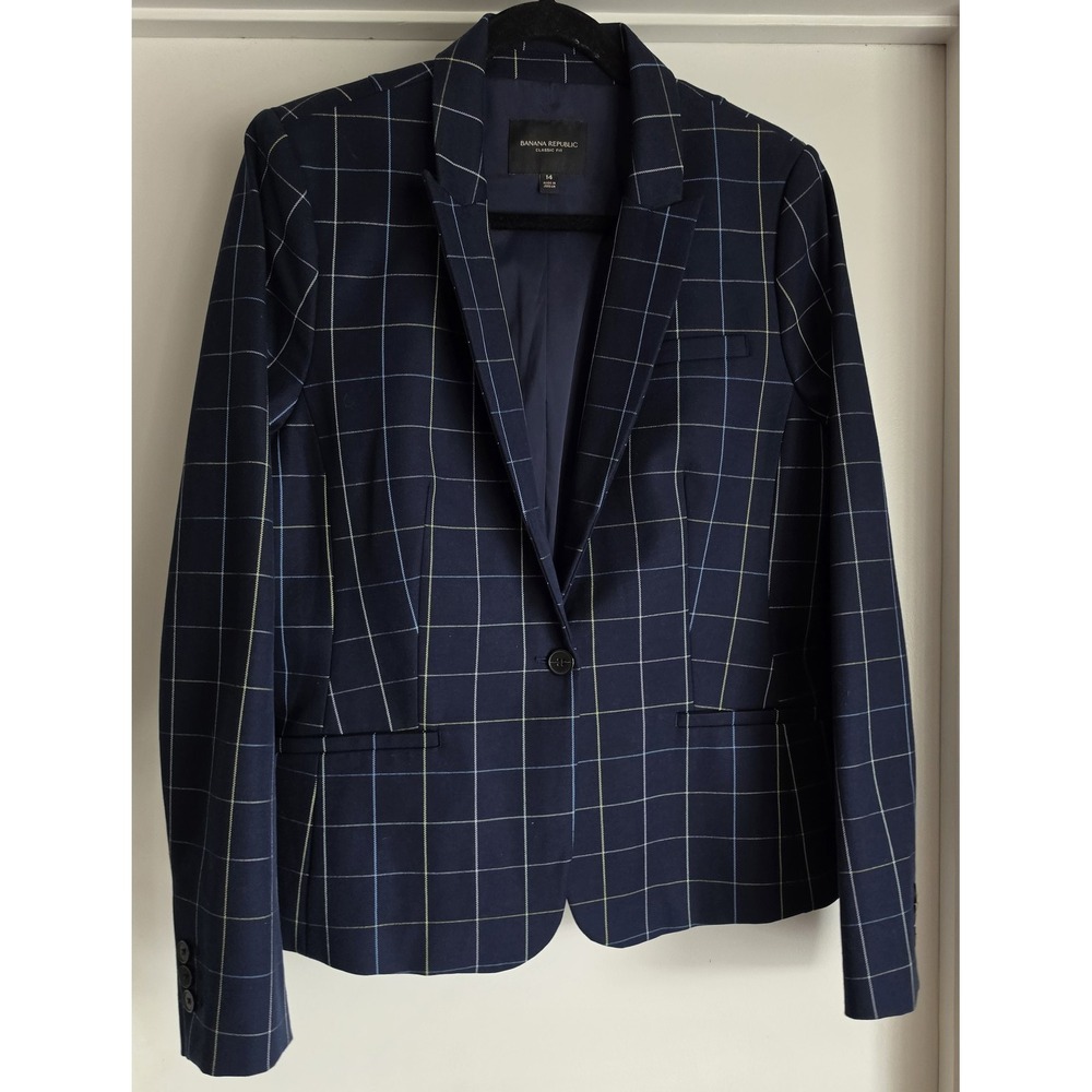 Banana Republic Women's Blazer Size 14 Plaid Blue Cotton Blend Preppy Academia